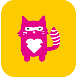 Pink critter holding white heart, yellow background.