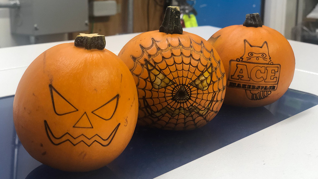 3 Halloween themed laser etched pumpkins on laser.