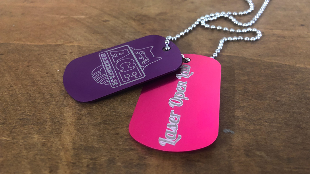 Laser-etched dog tags.