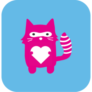 Pink critter holding white heart, blue background.