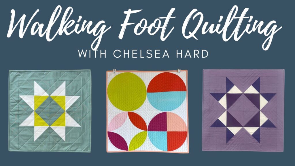 "Walking Foot Quilting" with three quilt blocks on blue background.